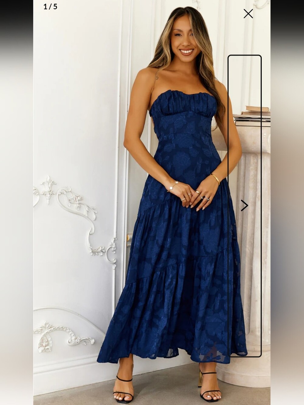 Hello Molly Fashion Revolutuon Strapless Navy Floral Jaquard Maxi Dress